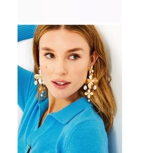 Lilly Pulitzer Via Flora EARRINGS Dangle Metallic Gold Tone&Faux Pearl New Pack